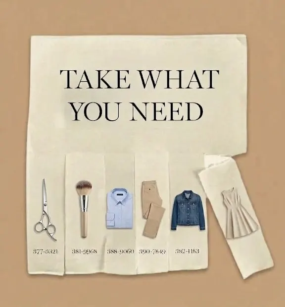 Foaie „Take what you need” cu foarfecă, pensulă de machiaj și haine